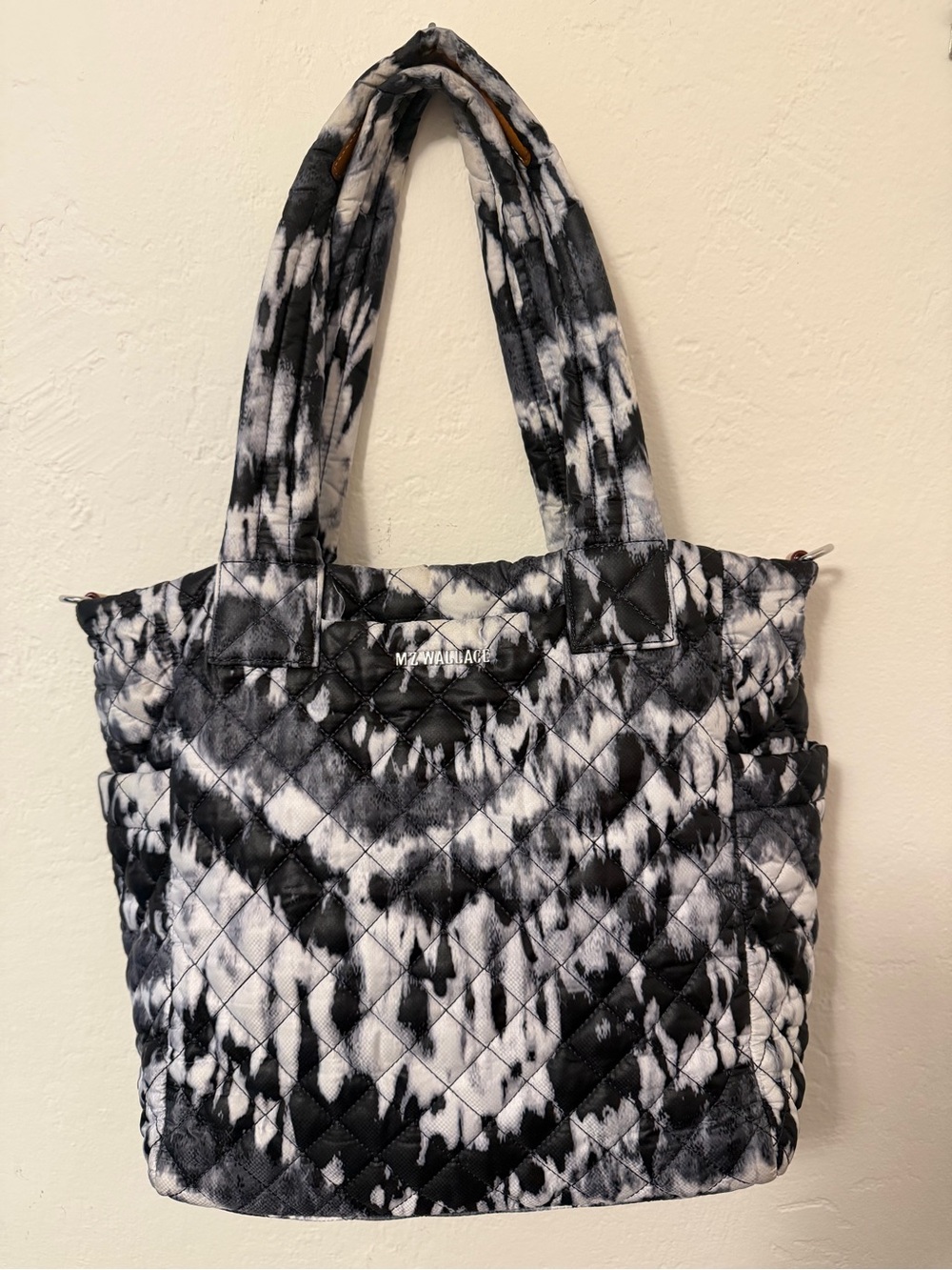 MZ WALLACE Black Quilted Tote with Brown Leather Logo Patch